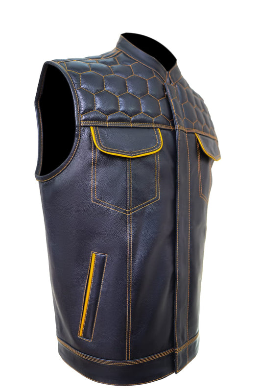 ORIGINAL COW LEATHER VEST FOR MEN WITH HONEY COMB QUILTED PANELS
